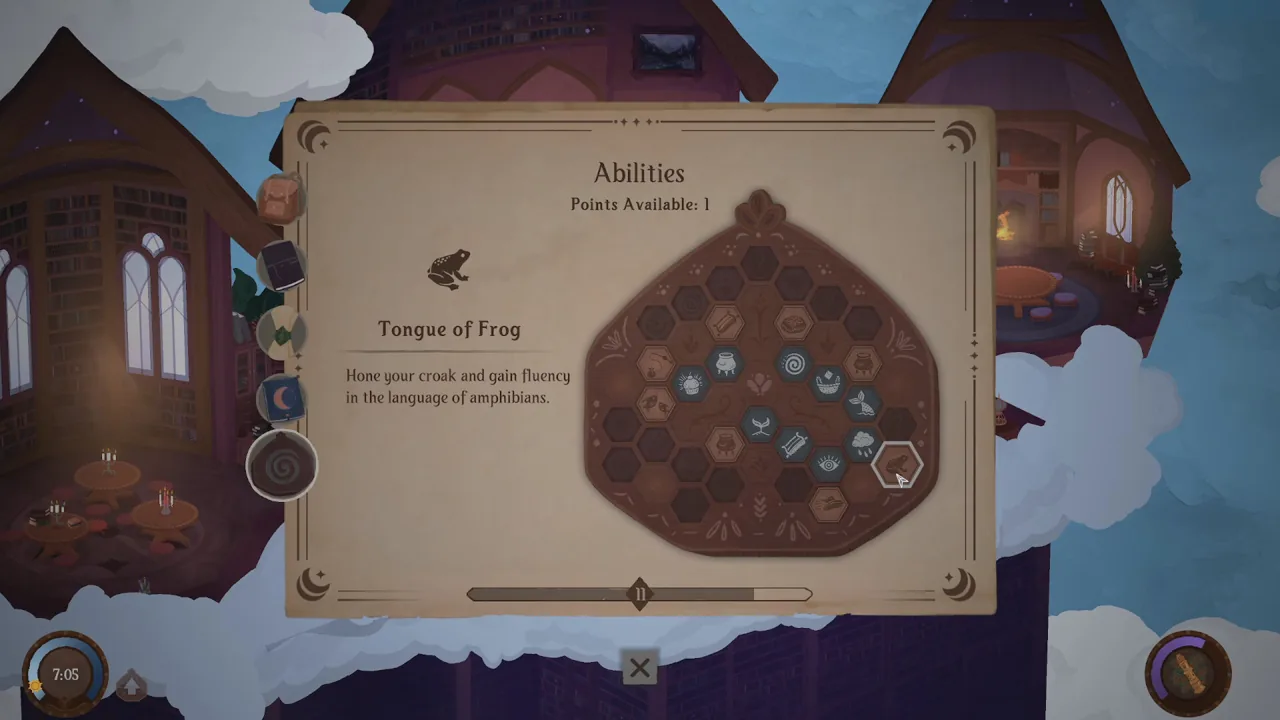 The Songs of Glimmerwick Abilities menu and connected skill icons
