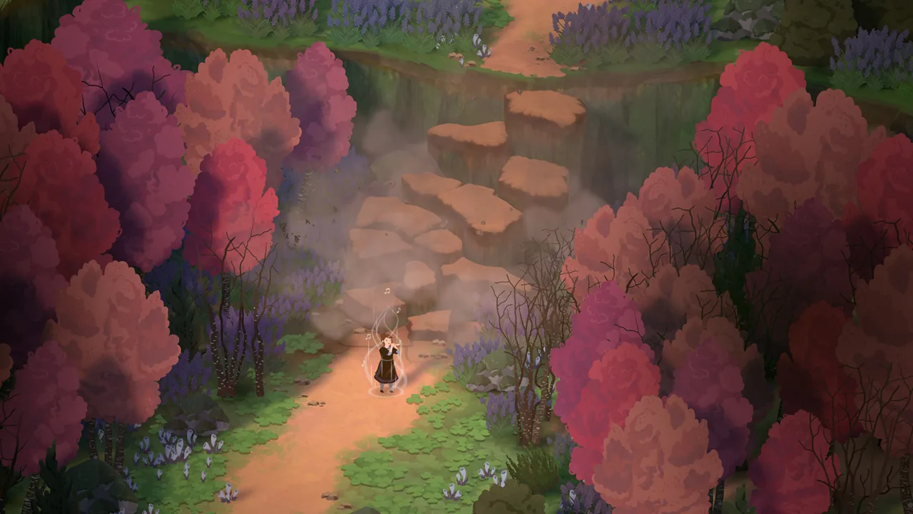A flute-playing character on a path through red and gold woodland