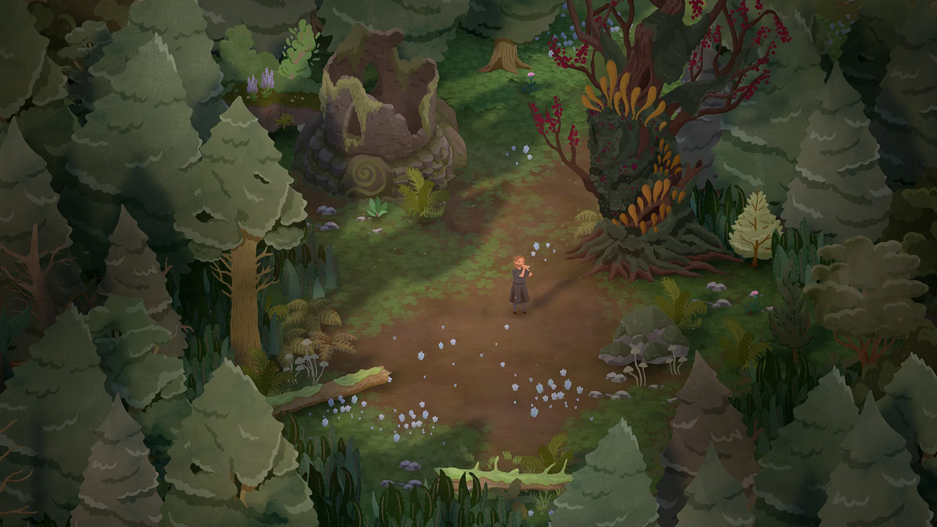 A character playing a flute among Glimmerwick’s trees and stone paths