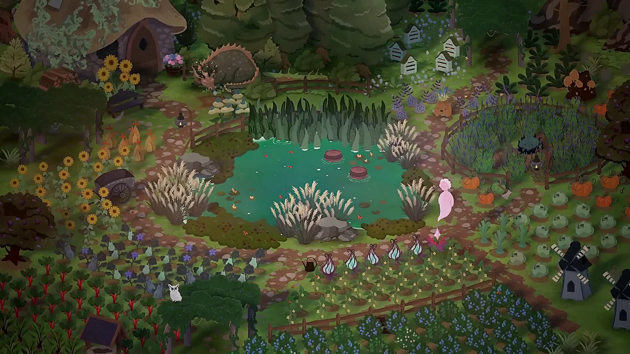 A pond surrounded by flowers, plants and paths in Glimmerwick