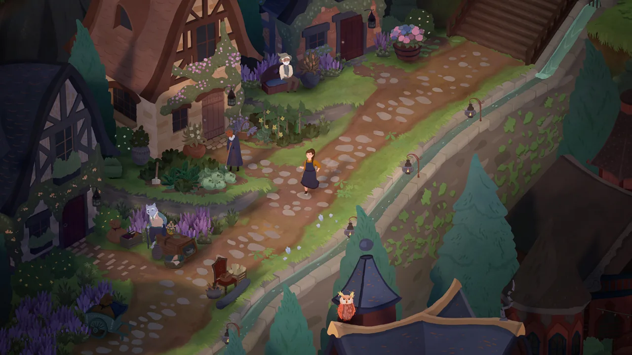 Glimmerwick characters walking along a path beside village buildings