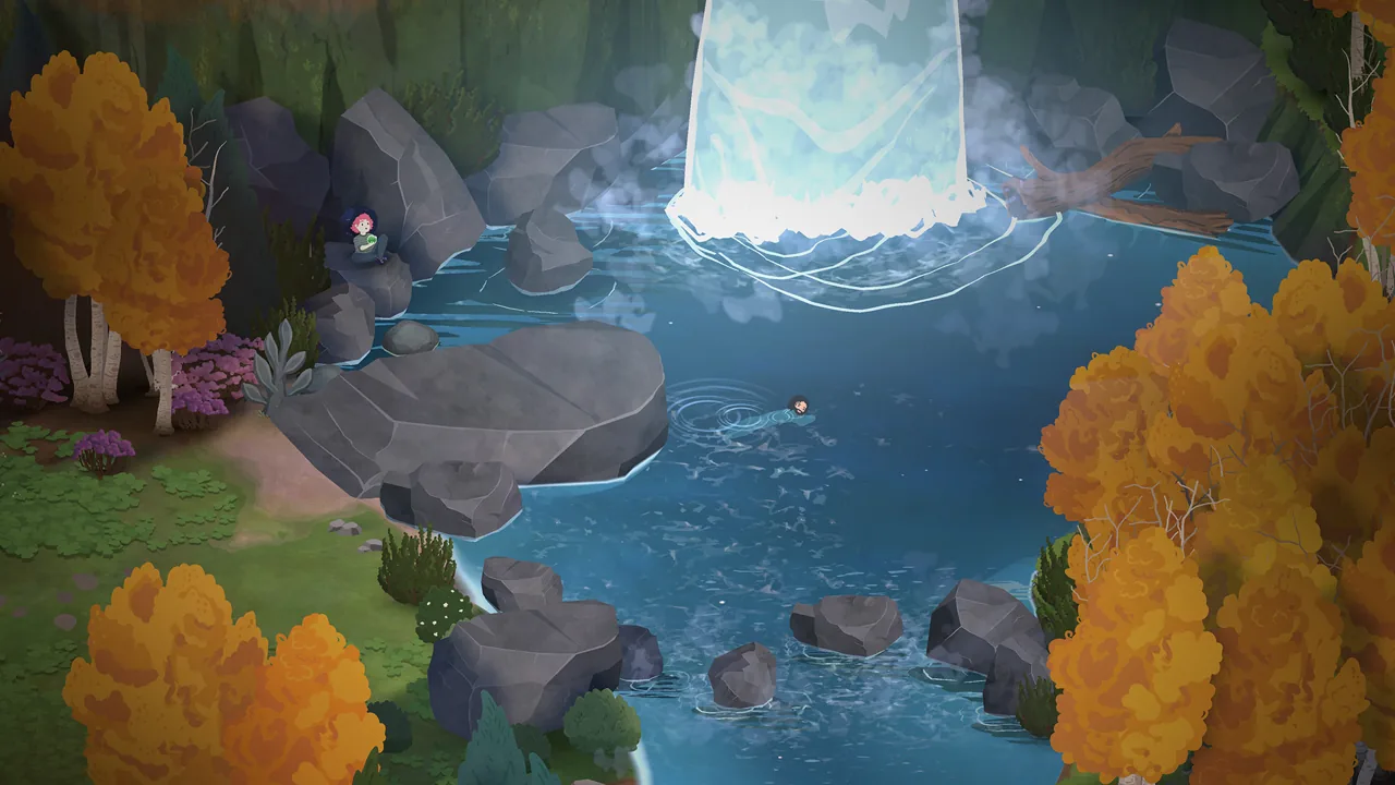 A waterfall feeding a stream between autumn trees in Glimmerwick
